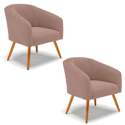 Poltrona Para Sala Pé Palito Castanho Kit 2 Stella Bouclê Rosê D03 - D'rossi