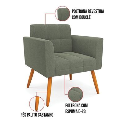 Poltrona Sala Estar Pé Palito Castanho Kit 2 Elisa Bouclê Menta D03 - D'rossi