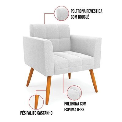 Poltrona Sala Estar Pé Palito Castanho Kit 2 Elisa Bouclê Off Wte D03 - D'rossi