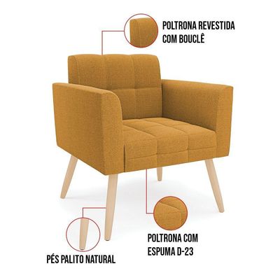 Poltrona Sala De Estar Pé Palito Natural Elisa Bouclê Mostarda D03 - D'rossi