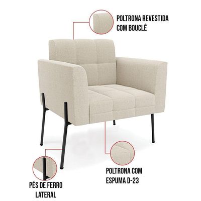 Poltrona Sala De Estar Pé De Ferro Pto Kit 2 Elisa Bouclê D03 - D'rossi Cor Off White