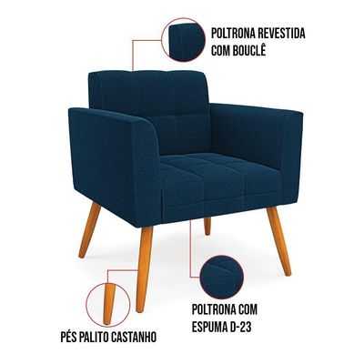 Poltrona Sala De Estar Pé Palito Castanho Elisa Bouclê D03 - D'rossi Cor Azul