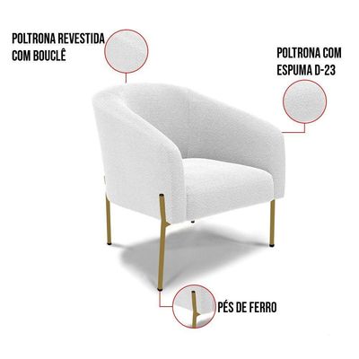 Poltrona Decorativa Pé Ferro Dourado Kit 2 Stella Bouclê D03 - D'rossi Cor Off White