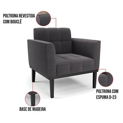 Poltrona Para Sala Base Madeira Fixa Preto Elisa Bouclê D03 - D'rossi Cor Grafite