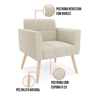 Poltrona Sala Estar Pé Palito Natural Kit 2 Elisa Bouclê Bege D03 - D'rossi