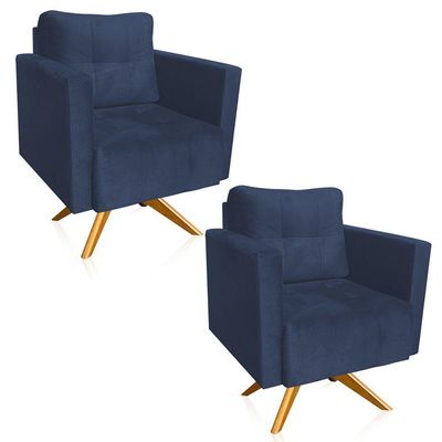 Kit 2 Poltronas Giratória Livia Suede Base De Madeira Ma30 Cor Azul Marinho