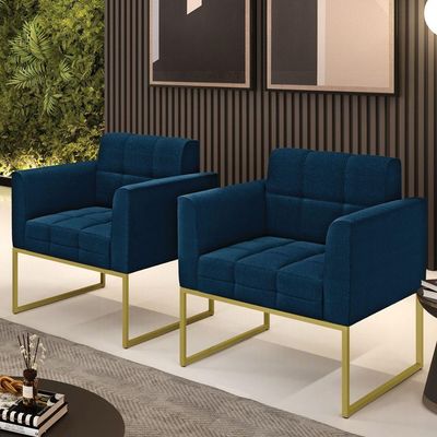 Poltrona Decorativa Industrial Dourado Kit 2 Elisa Bouclê D03 - D'rossi Cor Azul
