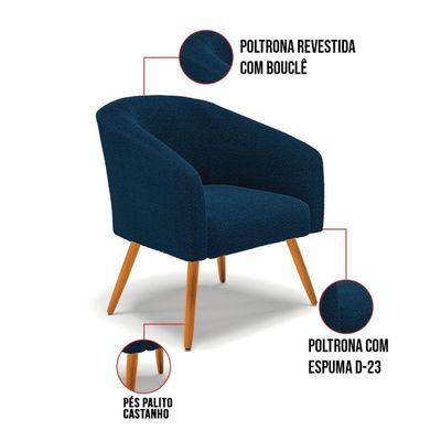 Poltrona Decorativa Pé Palito Castanho Stella Bouclê Azul D03 - D'rossi