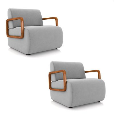 Poltrona Sala De Estar Braço De Madeira Kit 2 Hellen Veludo Cinza K01 - D'rossi
