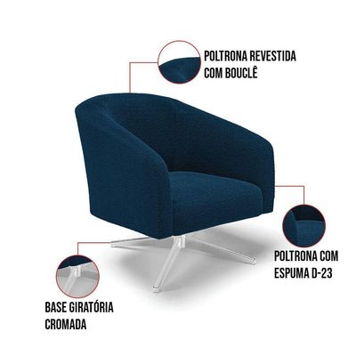 Poltrona Decorativa Base Giratória Cromada Stella Bouclê Azul D03 - D'rossi