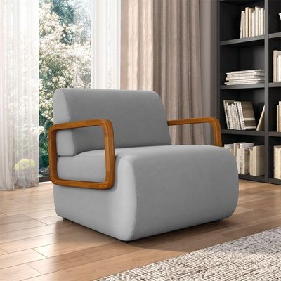 Poltrona Sala De Estar Braço De Madeira Kit 2 Hellen Veludo Cinza K01 - D'rossi