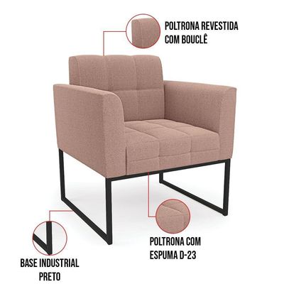 Poltrona Decorativa Industrial Preto Kit 2 Elisa Bouclê Rosê D03 - D'rossi