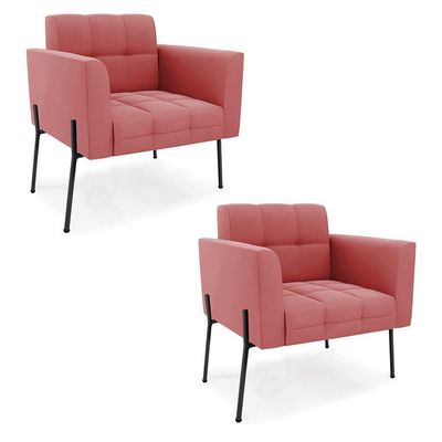 Poltrona Pé De Ferro Preto Para Sala Kit 2 Elisa Suede D03 - D'rossi Cor Rose