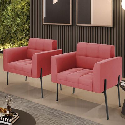 Poltrona Pé De Ferro Preto Para Sala Kit 2 Elisa Suede D03 - D'rossi Cor Rose