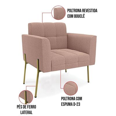 Poltrona Estar Pé Ferro Dourado Kit 2 Elisa Bouclê Rosê D03 - D'rossi