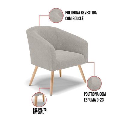 Poltrona Decorativa Pé Palito Natural Stella Bouclê Cinza D03 - D'rossi