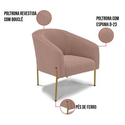 Poltrona Decorativa Pé Ferro Dourado Kit 2 Stella Bouclê Rosê D03 - D'rossi