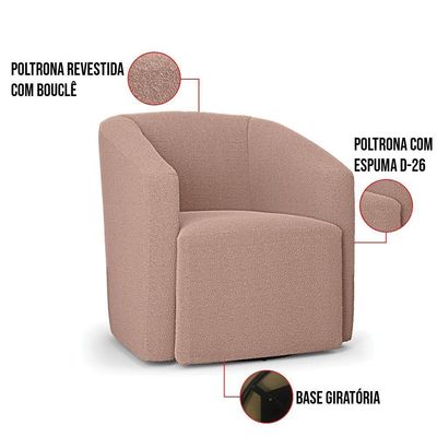 Poltrona Sala De Estar Base Giratória Kit 2 Stella Max Bouclê D03 - D'rossi Rosê