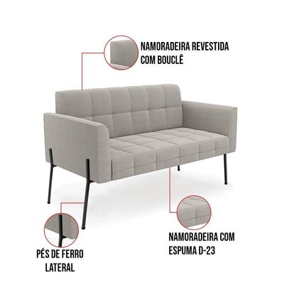 Namoradeira E 2 Poltronas Pé De Ferro Pto Elisa Bouclê Cinza D03 - D'rossi