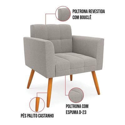 Poltrona Sala Estar Pé Palito Castanho Kit 2 Elisa Bouclê Cinza D03 - D'rossi