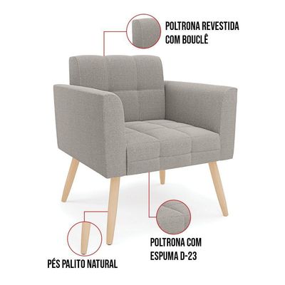 Poltrona Sala Estar Pé Palito Natural Kit 2 Elisa Bouclê Cinza D03 - D'rossi