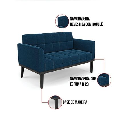 Namoradeira E Poltrona Base Madeira Fixa Pto Elisa Bouclê Azul D03 - D'rossi