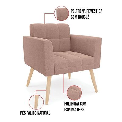 Poltrona Sala De Estar Pé Palito Natural Elisa Bouclê Rosê D03 - D'rossi