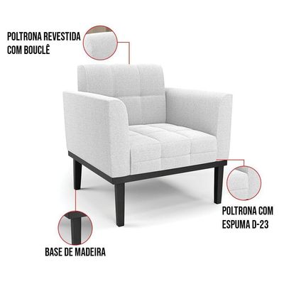 Poltrona Para Sala Base Madeira Fixa Preto Elisa Bouclê D03 - D'rossi Cor Off White