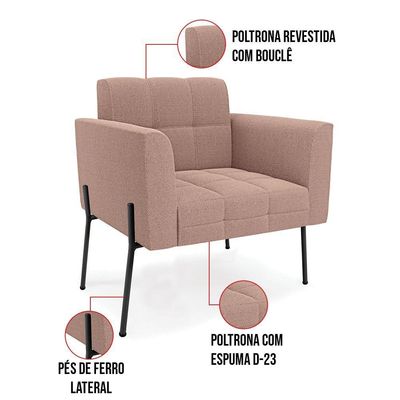 Poltrona Sala De Estar Pé De Ferro Pto Kit 2 Elisa Bouclê Rosê D03 - D'rossi