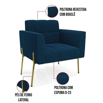 Poltrona Estar Pé Ferro Dourado Kit 2 Elisa Bouclê D03 Cor Azul