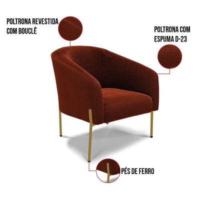Poltrona Decorativa Pé Ferro Dourado Kit 2 Stella Bouclê D03 - D'rossi Cor Terra