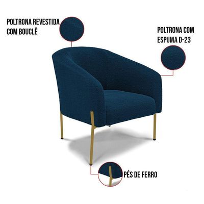 Poltrona Decorativa Pé De Ferro Dourado Stella Bouclê D03 - D'rossi Cor Azul