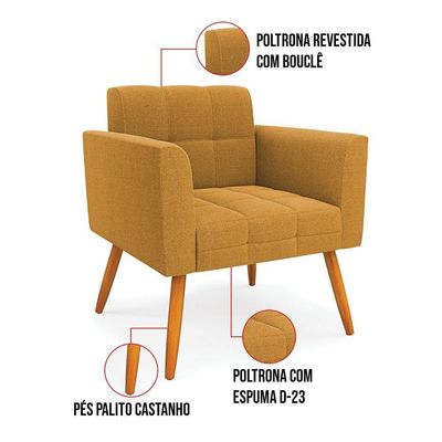 Poltrona Sala De Estar Pé Palito Castanho Elisa Bouclê Mostarda D03 - D'rossi