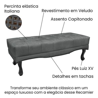 Puff Recamier Retrô Luis Xv Captonê Vicenza 140cm Veludo S04 Cor Cinza