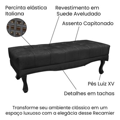 Puff Recamier Retrô Luis Xv Captonê Para Quarto Vicenza 160cm Suede Preto S04 - D'rossi