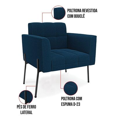 Sofá Namoradeira E Poltrona Pé Ferro Pto Elisa Bouclê D03 - D'rossi Cor Azul