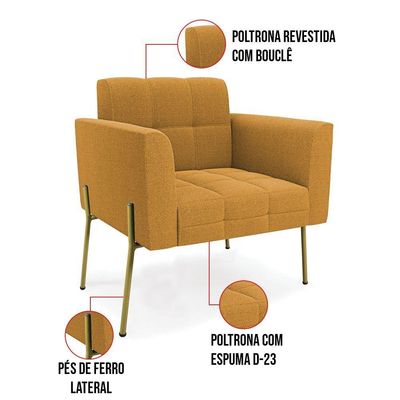 Namoradeira E 2 Poltronas Pé De Ferro Dourado Elisa Bouclê Mostard D03 - D'rossi