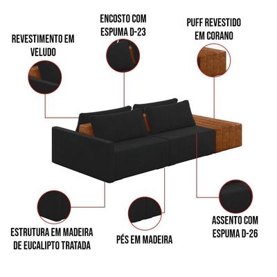 Sofá Ilha 2 Lugares Living 292cm Modulado Lary Veludo Preto K01 - D'rossi