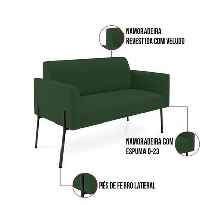 Sofá Namoradeira 2 Poltronas Pé De Ferro Preto Marisa Veludo Verde D03 - D'rossi