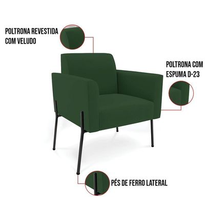 Sofá Namoradeira 2 Poltronas Pé De Ferro Preto Marisa Veludo Verde D03 - D'rossi