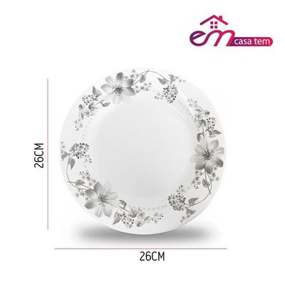 Jogo 4 Prato Raso E 4 Sobremesa Vidro Branco Flores Cinza Flowers Grey Em Casa Tem