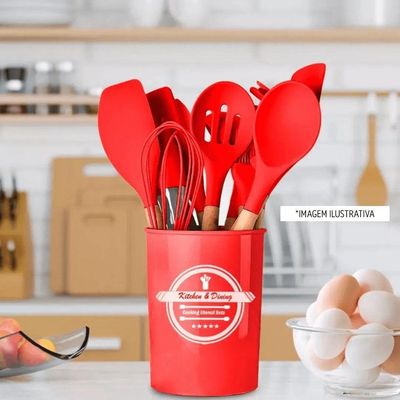 Colher De Silicone Multiuso Com Cabo De Madeira Vermelho Em Casa Tem