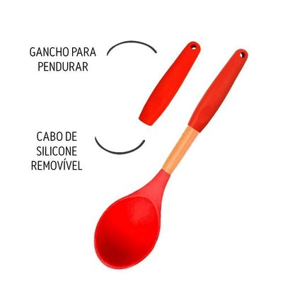 Colher De Silicone Multiuso Com Cabo De Madeira Vermelho Em Casa Tem