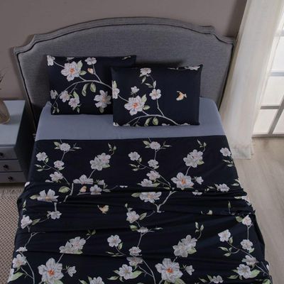 Jogo De Lençol Mabele King 4 Peças Micro Percal 400 Fios Estampado Floral - Azul Marinho