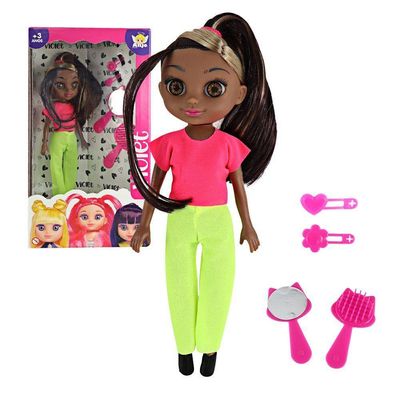 Boneca Violet Negra 30cm Com Acessórios Como Pente Espelho E Prendedores De Cabelo