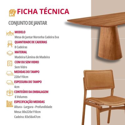 Mesa De Jantar Noronha 220cm Madeira Tampo Barril 8 Cadeiras Eva Star Caramelo / Imbuia Nat.