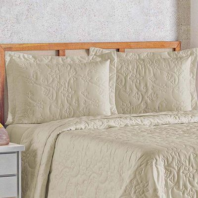 Kit Cobre Leito Colcha Celeste Queen 3 Peças Matelado Floral 180 Fios - Cáqui