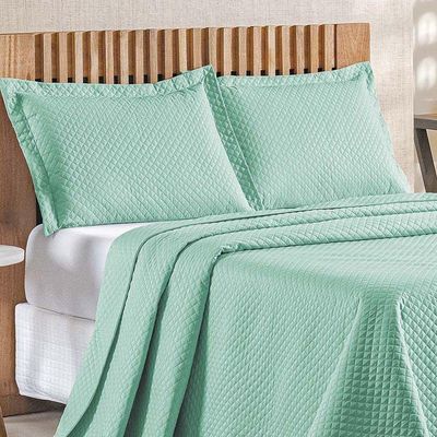 Kit Cobre Leito Colcha Ideale Queen 3 Peças Matelado Geométrico - Verde Tiffany - 100% Poliéster