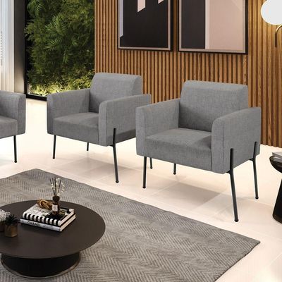 Poltrona Pé De Ferro Preto Kit 2 Decorativa Marisa Linho D03 - D'rossi Cor Grafite