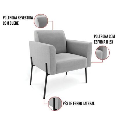 Poltrona Pé De Ferro Preto Para Sala Marisa Suede D03 - D'rossi Cor Cinza